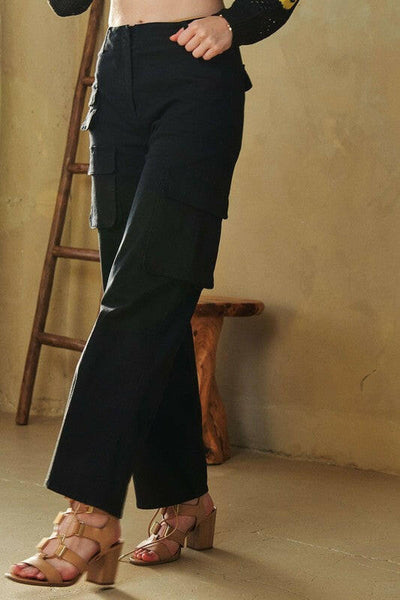 Davi & Dani Flap Pocket Mid Rise Cargo Pants Black