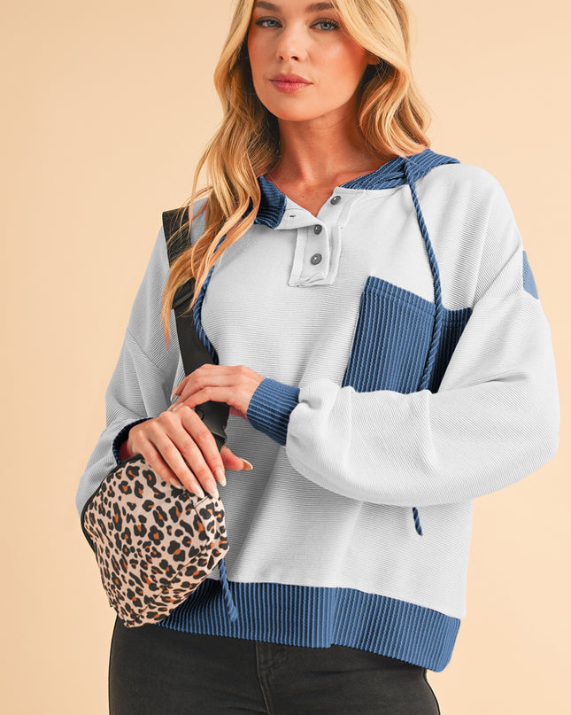 White Corded Patch Pocket Drawstring Henley Long Sleeve Top