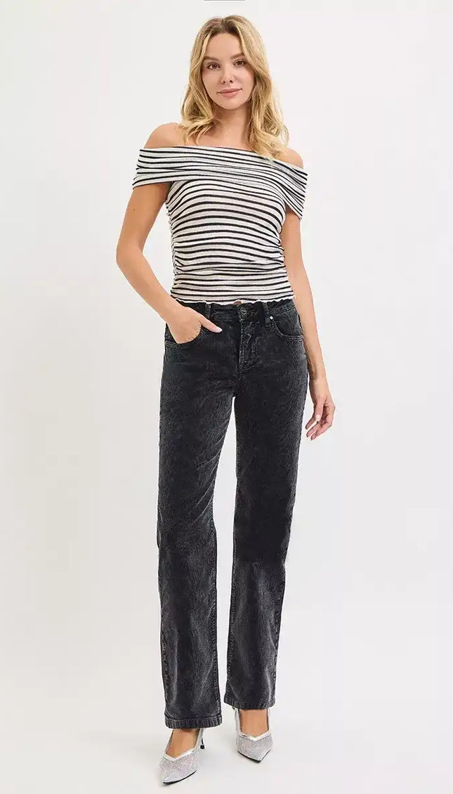 RISEN Tummy Control Mid Rise Straight Leg Corduroy Pants - Sleekdenim.com