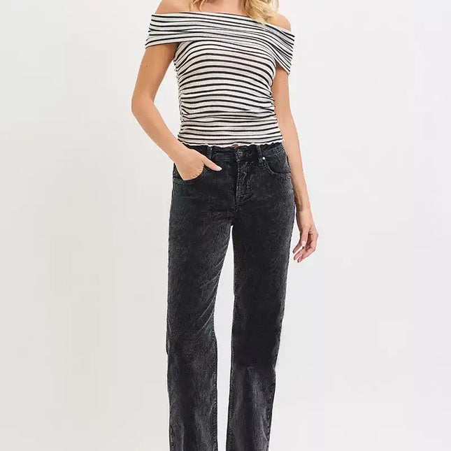 RISEN Tummy Control Mid Rise Straight Leg Corduroy Pants - Sleekdenim.com