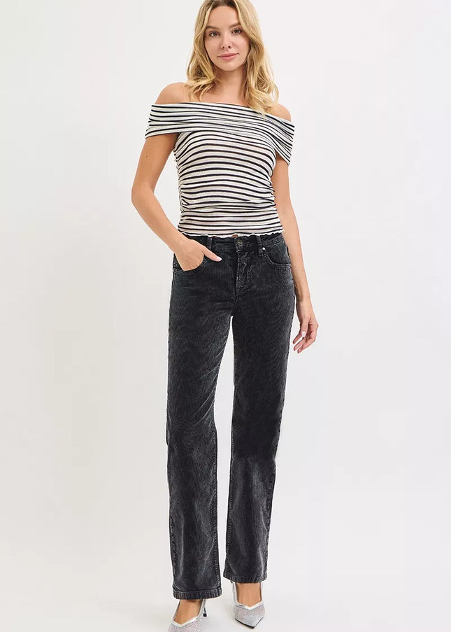 RISEN Tummy Control Mid Rise Straight Leg Corduroy Pants - Sleekdenim.com