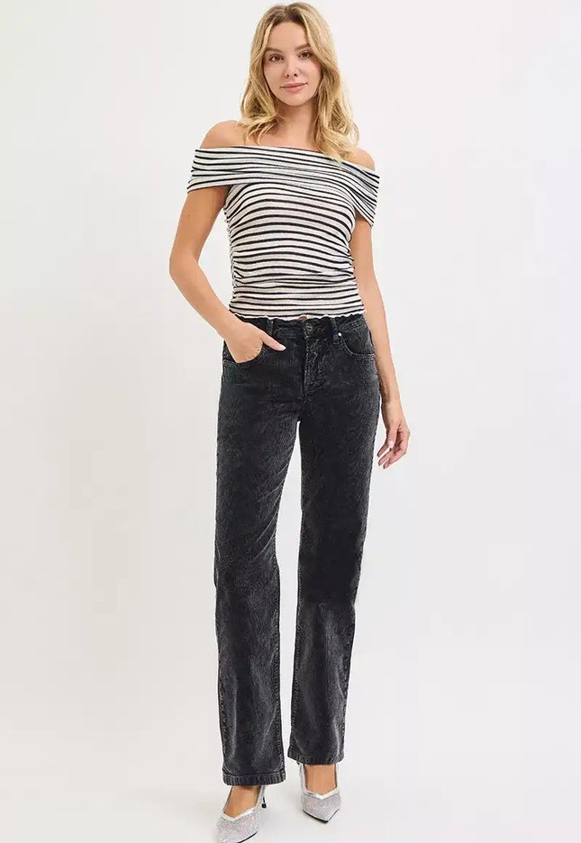 RISEN Tummy Control Mid Rise Straight Leg Corduroy Pants - Sleekdenim.com
