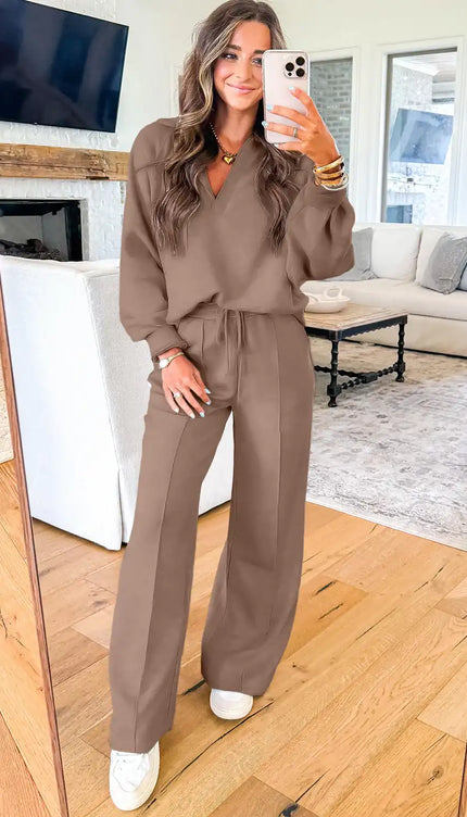 Polo Collar V Neck Pullover and Drawstring Sweatpants Set - Sleekdenim.com