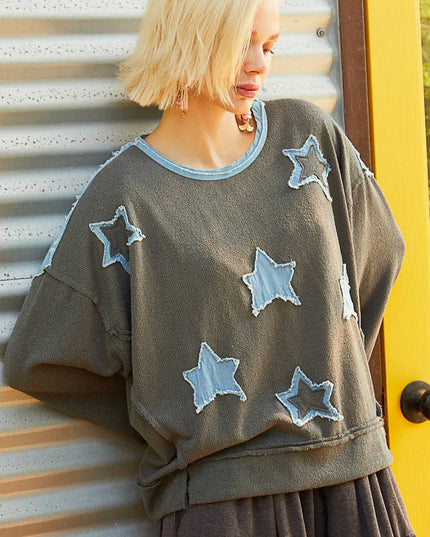 POL Exposed Seam Relaxed Fit Sweater with Star Denim Patch - Sleekdenim.com