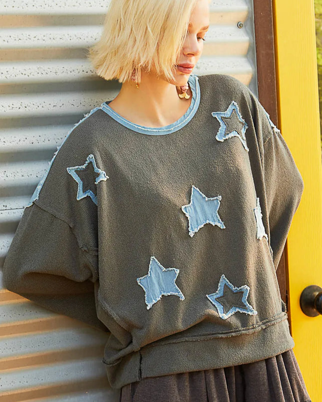 POL Exposed Seam Relaxed Fit Sweater with Star Denim Patch - Sleekdenim.com