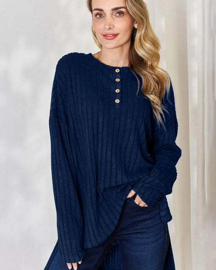 Basic Bae Full Size Ribbed Half Button Long Sleeve High-Low T-Shirt - Sleekdenim.com