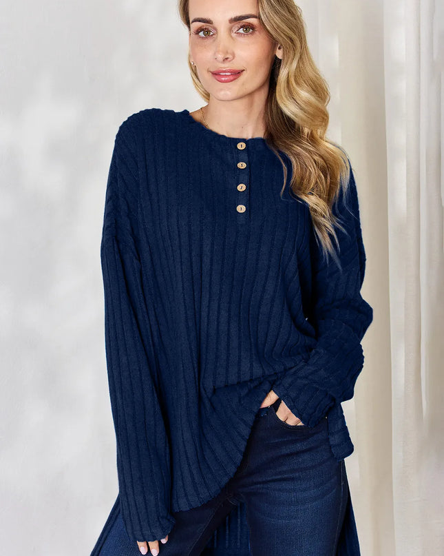 Basic Bae Full Size Ribbed Half Button Long Sleeve High-Low T-Shirt - Sleekdenim.com