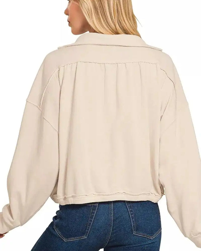 Zenana French Terry Collared Exposed Seam Sweatshirt - Sleekdenim.com