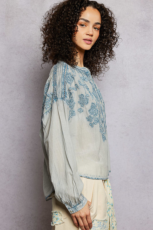 POL Floral Embroidered Button Down Long Sleeve Shirt - Sleekdenim.com