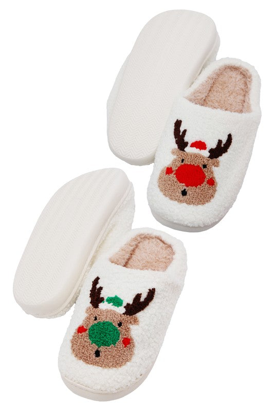 Christmas Santa, Rudolph Terry Fuzzy Fleece Slippers