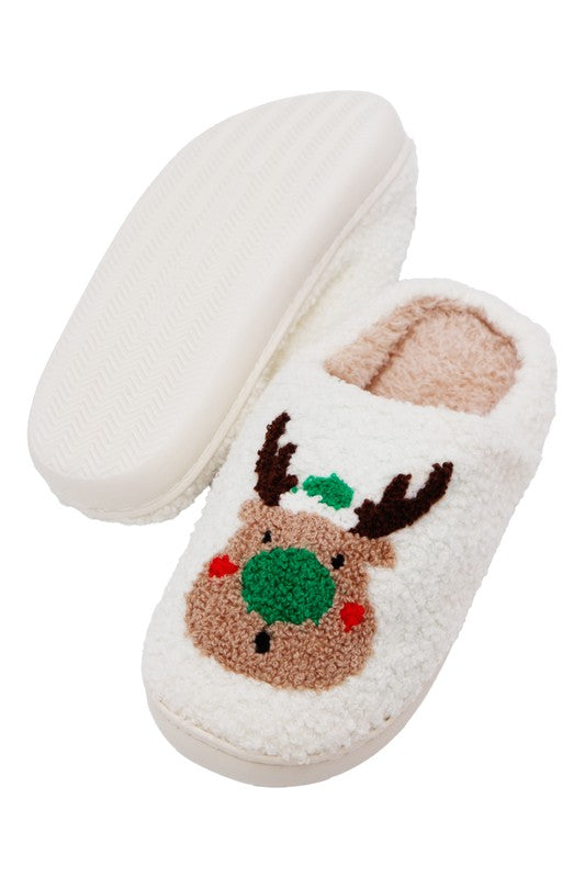 Christmas Santa, Rudolph Terry Fuzzy Fleece Slippers