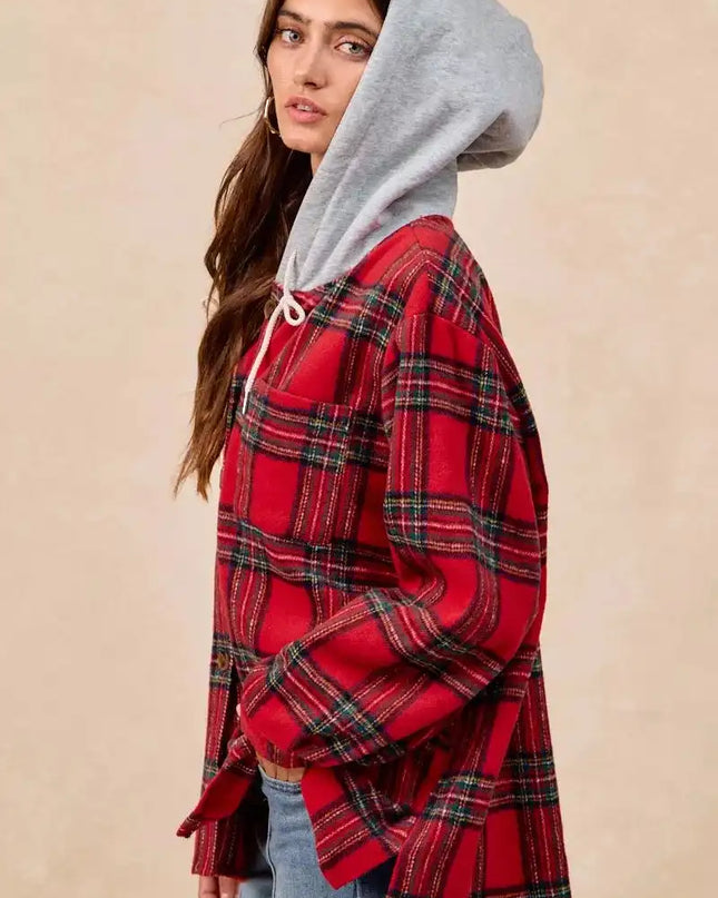 BiBi Brushed Plaid Hooded Jacket - Sleekdenim.com