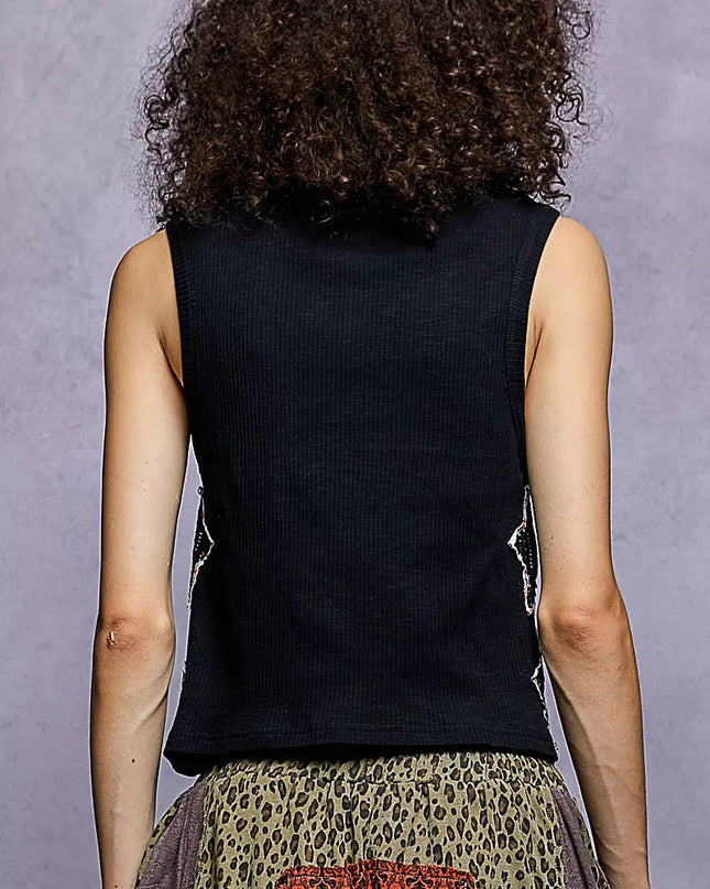 POL Star Patch V-Neck Cropped Ribbed Tank - Sleekdenim.com