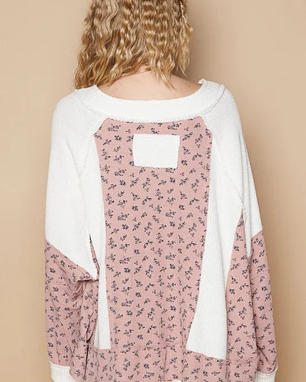 POL Waffle Knit Floral Notched Long Sleeve Top - Sleekdenim.com