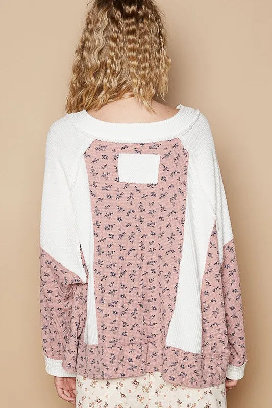 POL Waffle Knit Floral Notched Long Sleeve Top - Sleekdenim.com