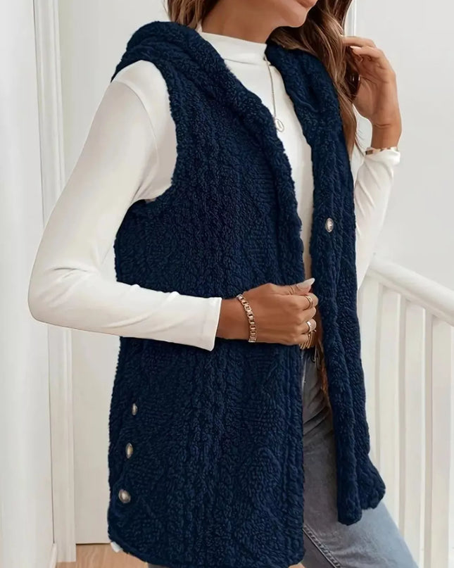 Hooded Button-Up Sherpa Vest Coat - Sleekdenim.com