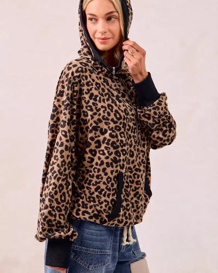 BiBi Leopard Print Waffle Half Zip Up Hoodie W Pocket - Sleekdenim.com