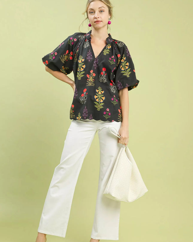 Umgee Floral Print Puff Sleeve Scallop Hem Blouse - Sleekdenim.com
