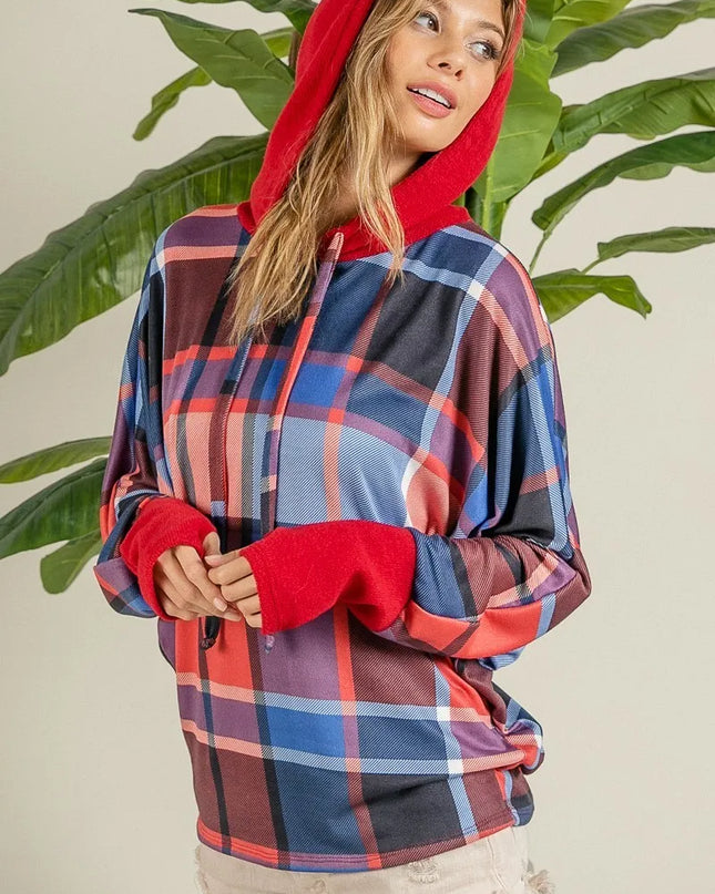 BiBi Plaid Mirr Brushed Rib Contrast Thumb Open Hoodie - Sleekdenim.com