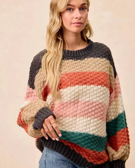 BiBi Stripes Color Block Chunky Sweater - Sleekdenim.com