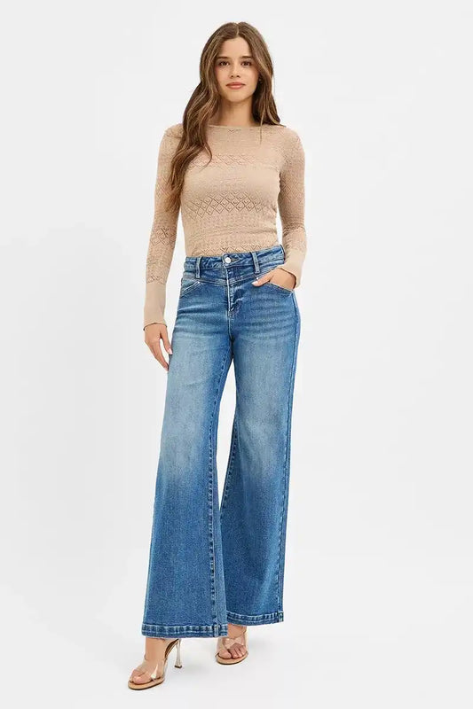 RISEN High Rise Wide Leg Jeans with Front Yoke and Heart Back Pocket PW21353 - Sleekdenim.com