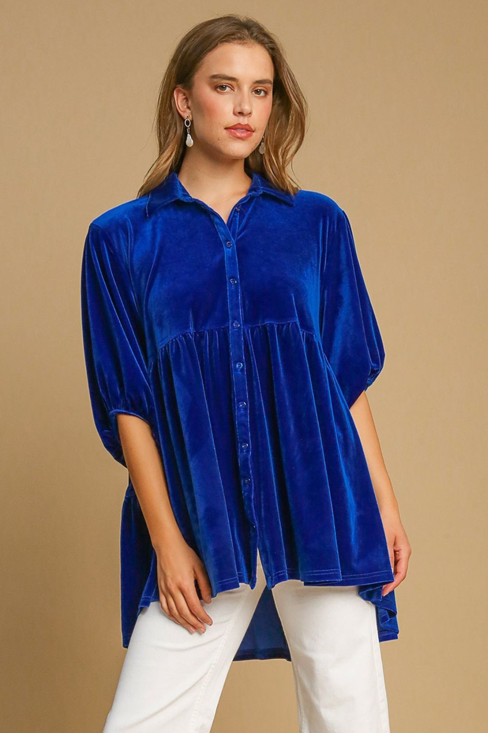 Umgee Button Down Tiered Back High Low Shirt