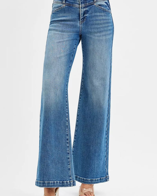 RISEN High Rise Wide Leg Jenas with Front Yoke and Heart Back Pocket - Sleekdenim.com