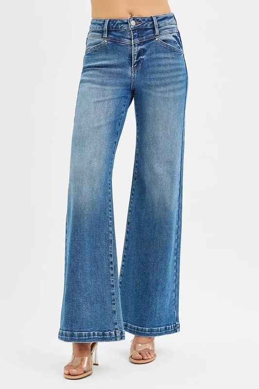 RISEN High Rise Wide Leg Jeans with Front Yoke and Heart Back Pocket PW21353 - Sleekdenim.com