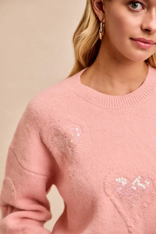 Bibi Pink "Adorable" Sequined Heart Sweater - Sleekdenim.com