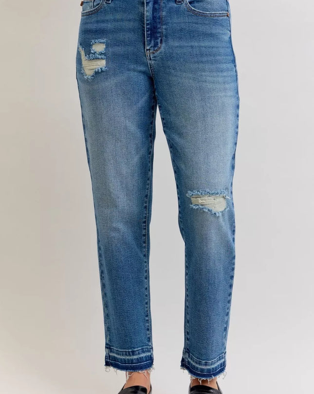 Judy Blue Full Size Mid Rise Bf Patch & Repair Destroy Release Hem Jeans Plus Size - Sleekdenim.com