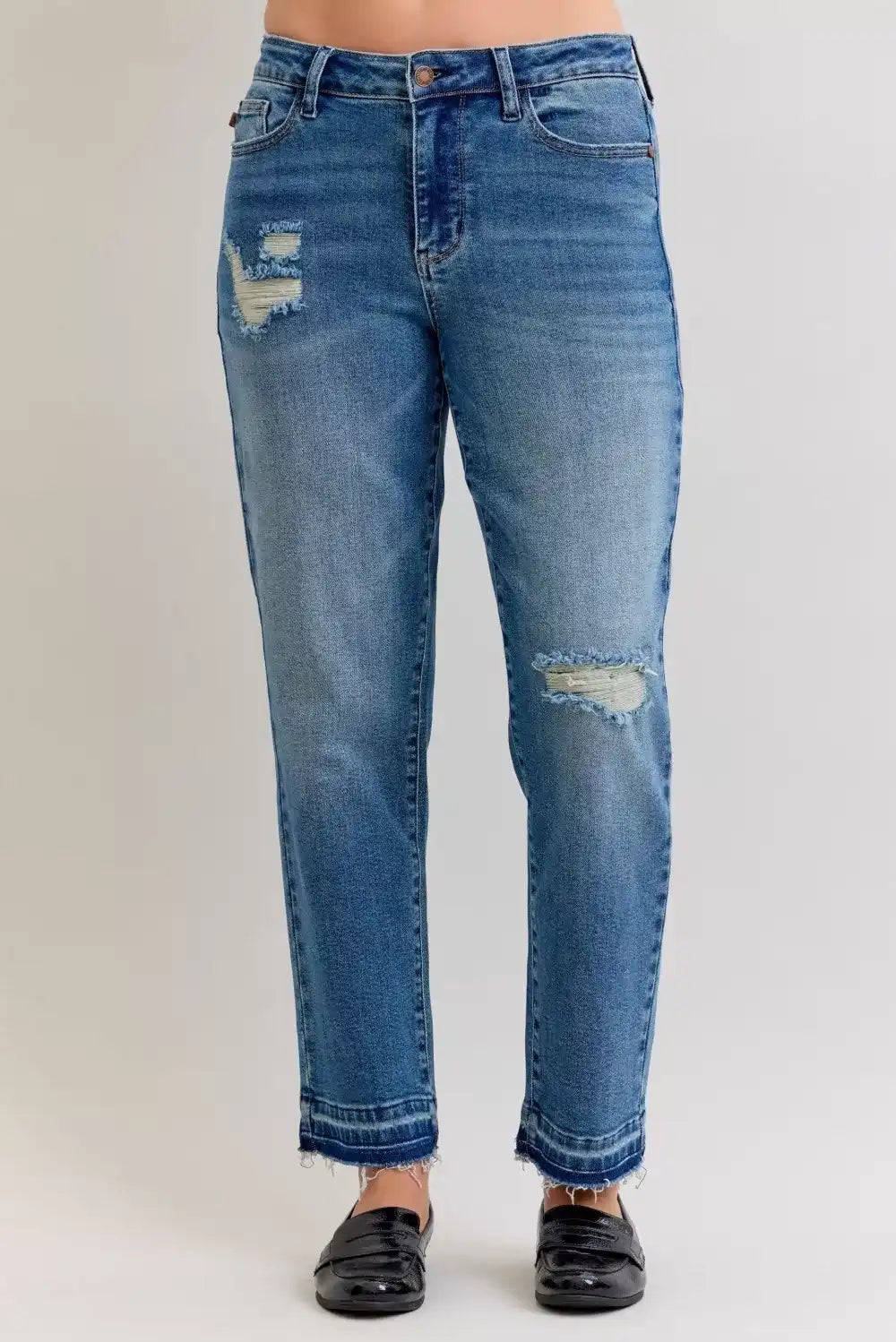 Judy Blue Mid Rise Boyfriend Patch & Repair Destroy Release Hem Jeans 881045 - Sleekdenim.com