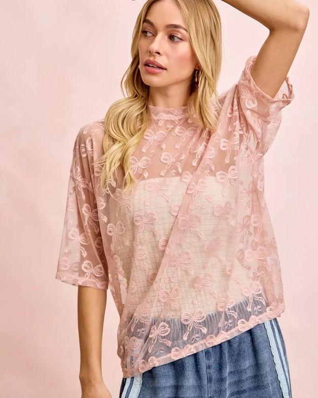 BiBi Bow Pattern Short Sleeves Boxy Mesh Top - Sleekdenim.com