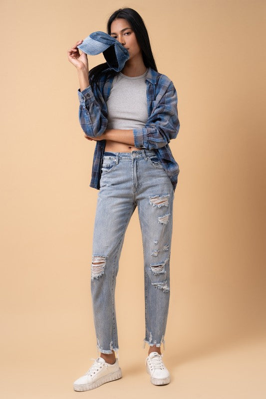 Fray Distressed Girlfriend Jeans - Sleekdenim.com