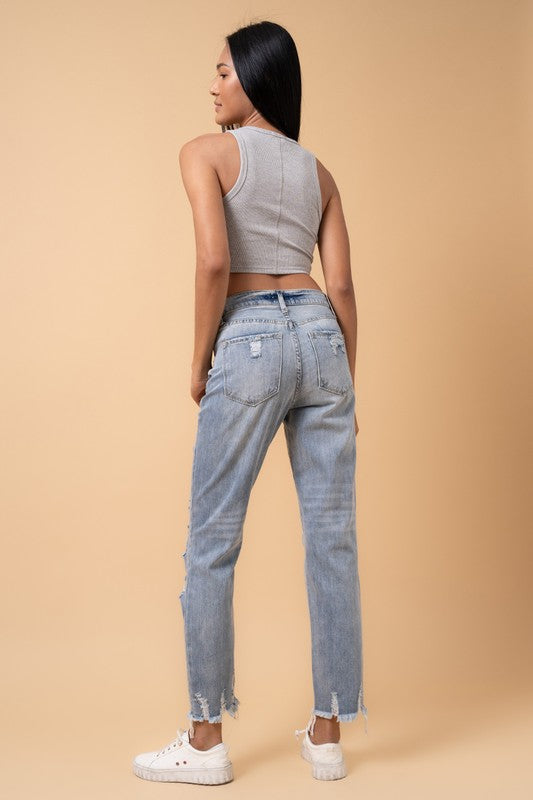 Fray Distressed Girlfriend Jeans - Sleekdenim.com