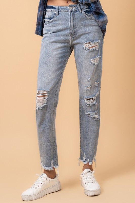 Fray Distressed Girlfriend Jeans - Sleekdenim.com