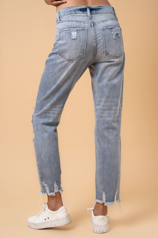 Fray Distressed Girlfriend Jeans - Sleekdenim.com