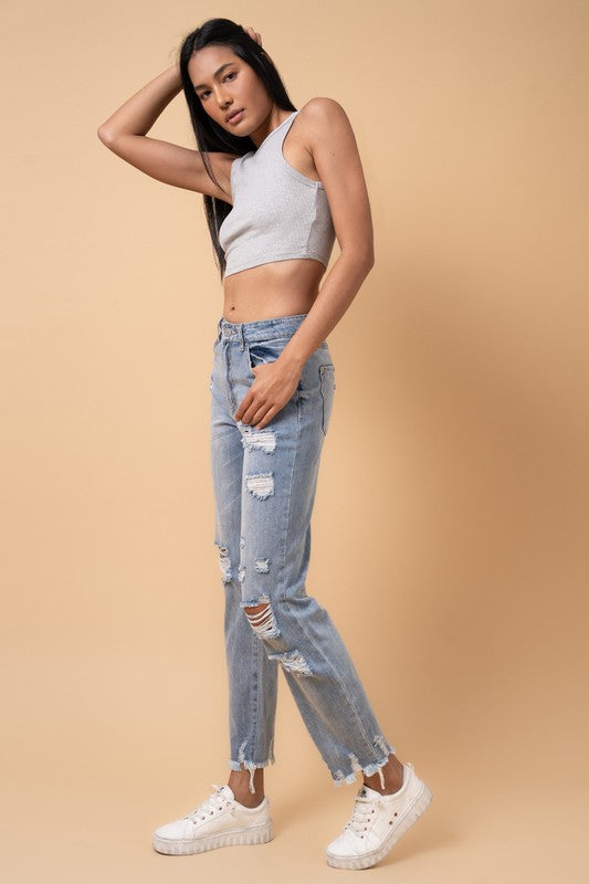 Fray Distressed Girlfriend Jeans - Sleekdenim.com
