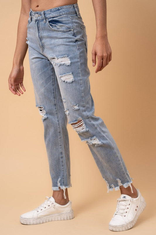 Fray Distressed Girlfriend Jeans - Sleekdenim.com