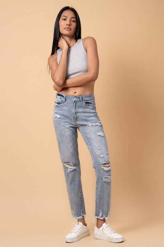 Fray Distressed Girlfriend Jeans - Sleekdenim.com