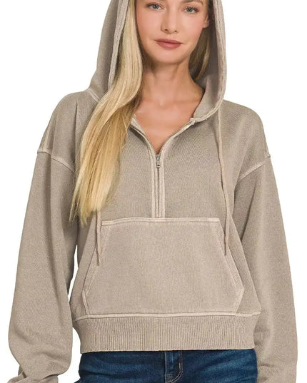 Zenana Fleece Pigment Dye Half Zip Kangaroo Pocket Hoodie - Sleekdenim.com