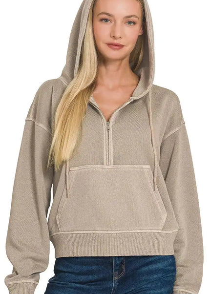Zenana Fleece Pigment Dye Half Zip Kangaroo Pocket Hoodie - Sleekdenim.com