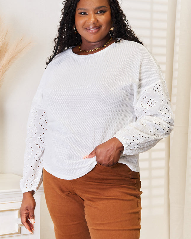 Shiny Eyelet Dropped Shoulder Round Neck Blouse - Sleekdenim.com