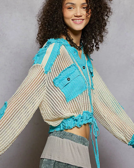 POL Texture Woven Button Down Hooded Shirt with Drawstring Hem - Sleekdenim.com