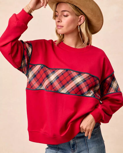 BiBi Christmas Theme Plaid Block Sweatshirt with Binding - Sleekdenim.com