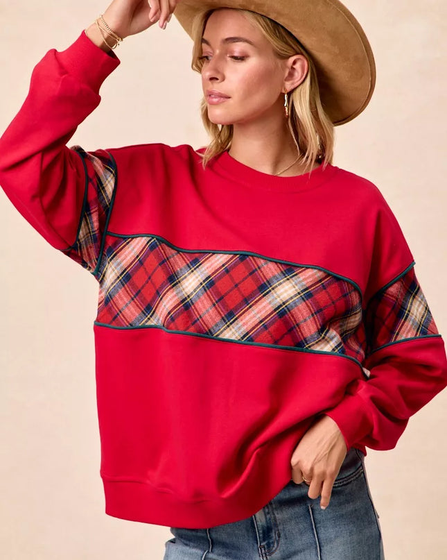 BiBi Christmas Theme Plaid Block Sweatshirt with Binding - Sleekdenim.com