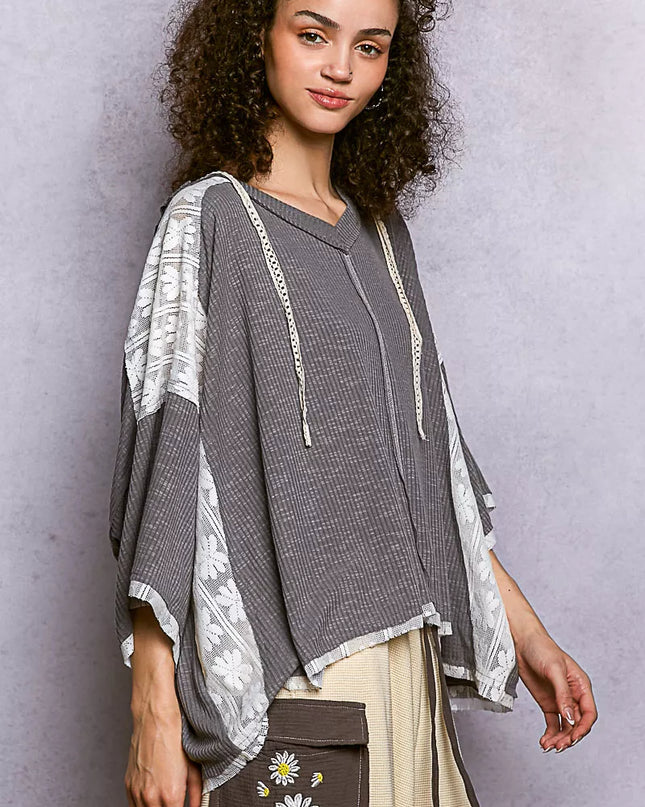 POL Short Sleeve Hoodie Top with Lace Detail - Sleekdenim.com