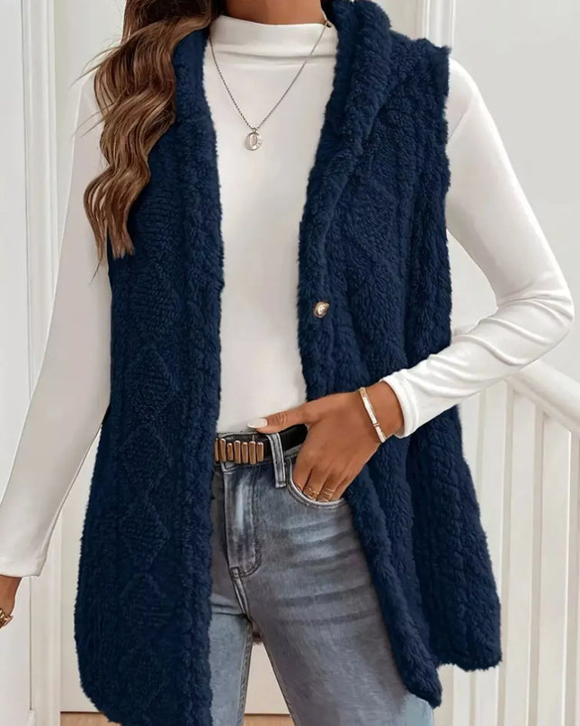 Hooded Button-Up Sherpa Vest Coat - Sleekdenim.com