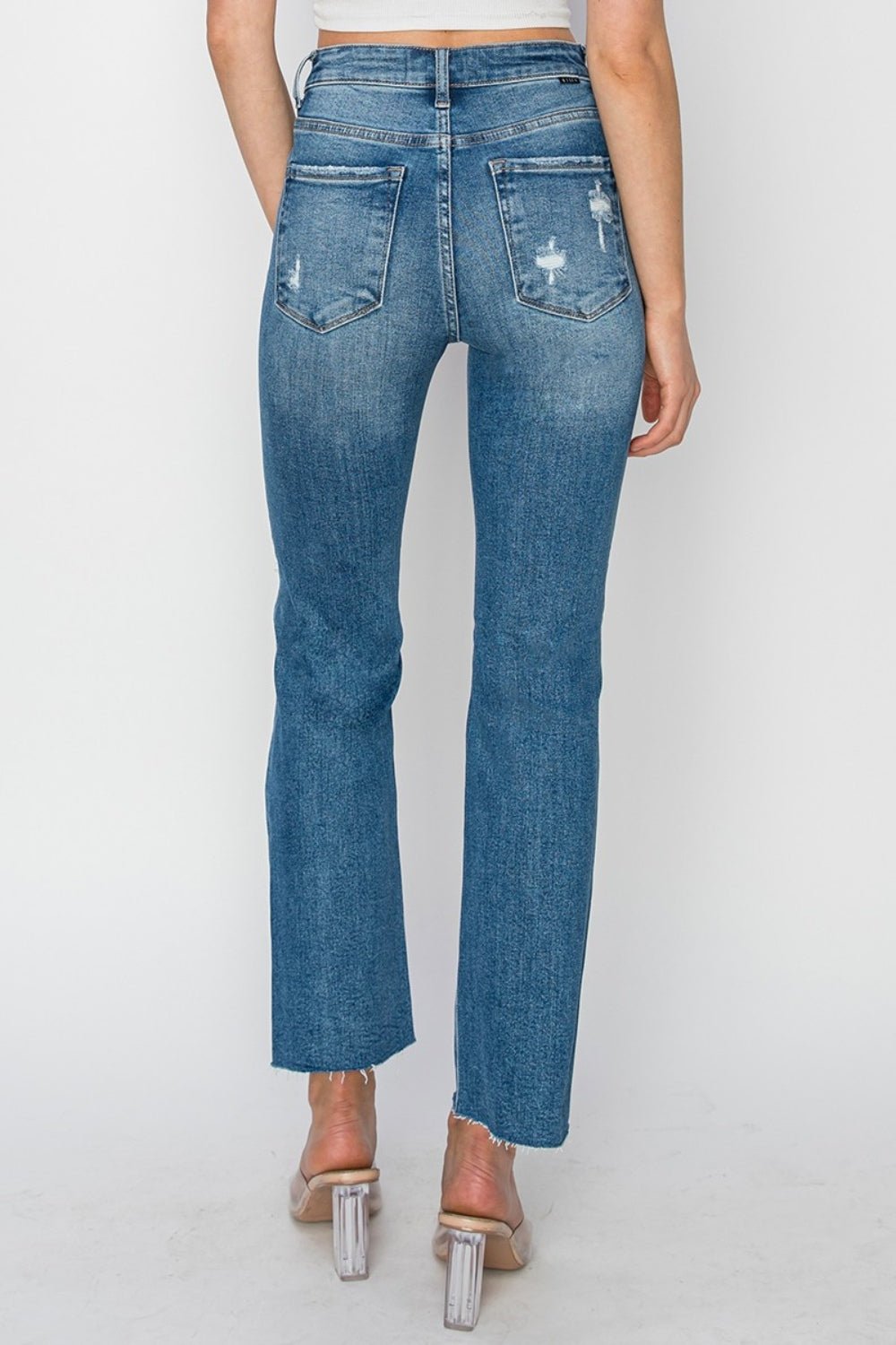 RISEN High Rise Distressed Ankle Jeans | Sleekdenim.com