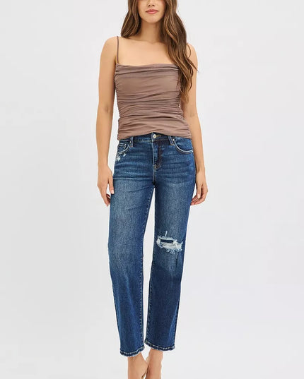 RISEN High Rise Crop Slim Straight Jenas with Hidden Knee Patch - Sleekdenim.com