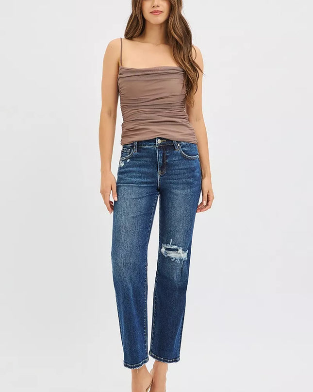 RISEN High Rise Crop Slim Straight Jenas with Hidden Knee Patch - Sleekdenim.com